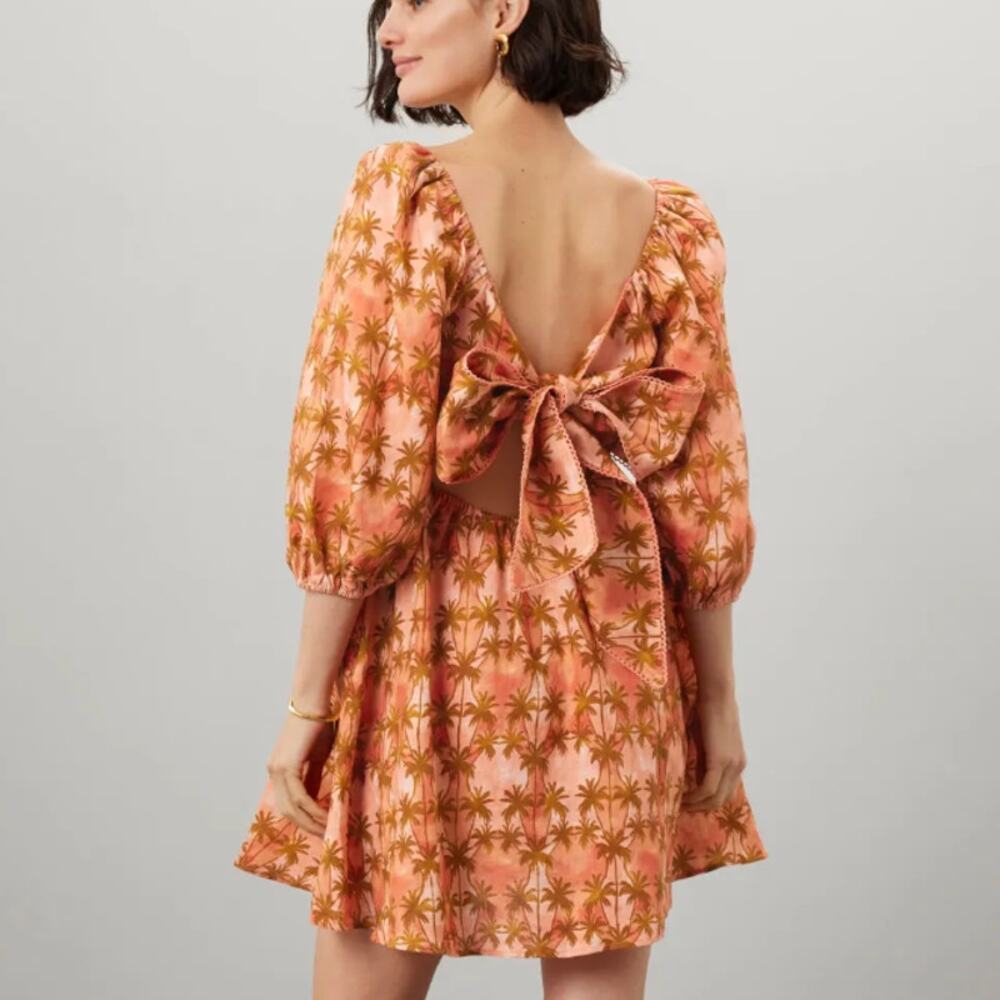 Kivari Tropical Linen Fit Flare Mini Dress SIZE 8 Cottage Palm Bow Designer $269 - Picture 3 of 11
